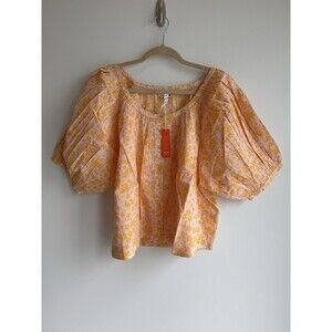 Sundry Blouse Small Ditsy Floral Puff sleeve button up Orange Boho Hippie NWT S